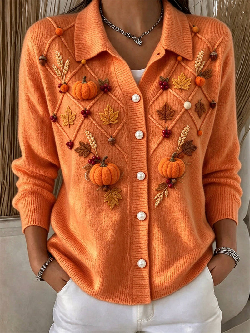 Women's Thanksgiving Orange Pumpkin Maple Leaf Berry Print Collared Long Sleeve Cardigan