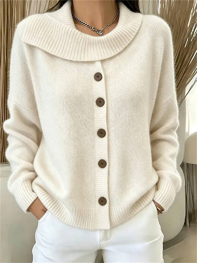 Women's Cream Shawl Collar Button Down Long Sleeve Cardigan