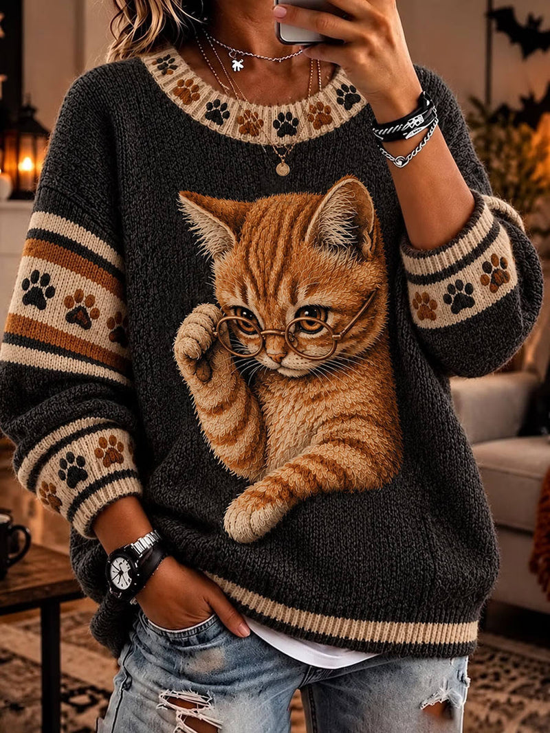 Women's Dark Grey Cute Glasses Cat Paw Print Striped Round Neck Long Sleeve Sweater