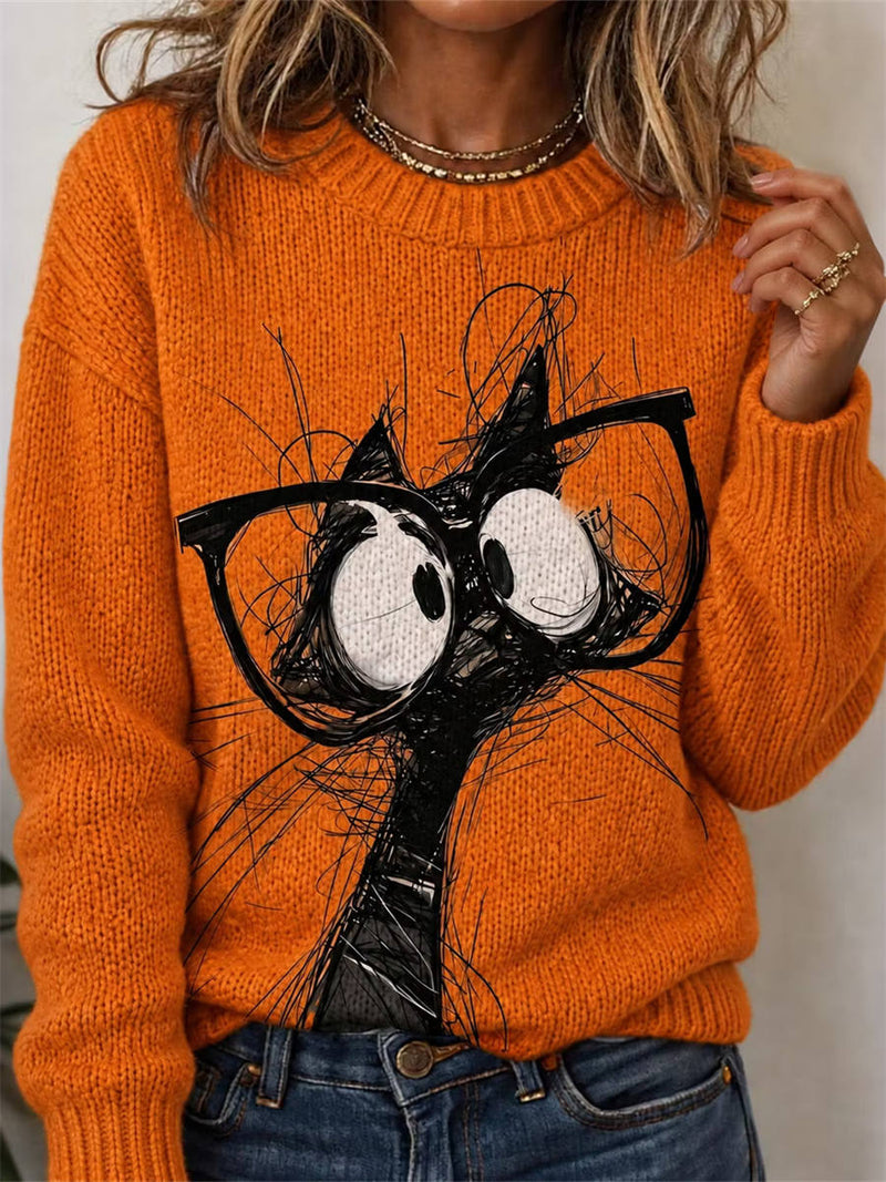 Women's Orange Sketch Glasses Cat Print Round Neck Long Sleeve Sweater