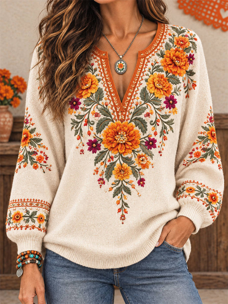Women's Cream Floral Print Notch V Neck Long Sleeve Sweater
