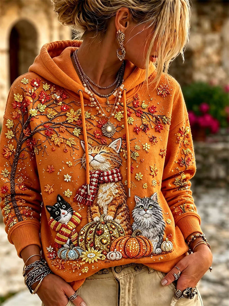 Women's Halloween Orange Cat Pumpkin Maple Leaf Print Long Sleeve Hoodie