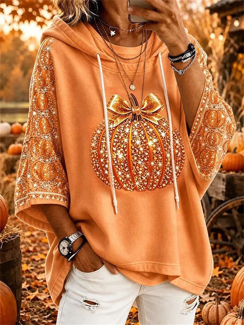 Women's Halloween Orange Bow Pumpkin Print 3/4 Sleeve Hoodie