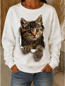 Women's White 3D Torn Paper Cat Print Round Neck Long Sleeve Sweatshirt