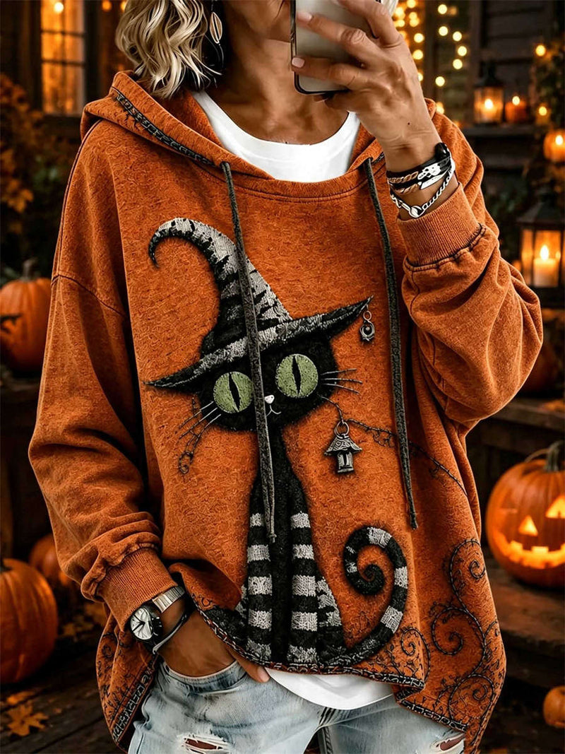 Women's Halloween Orange Witch Hat Black Cat Print Long Sleeve Hoodie