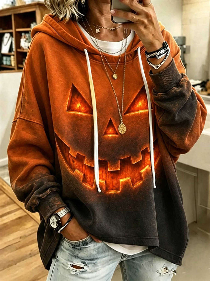 Women's Halloween Orange Gradient Pumpkin Face Print Long Sleeve Hoodie