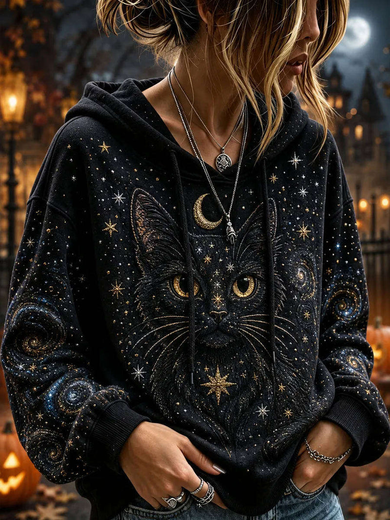 Women's Halloween Black Mystic Cat Star Moon Print Long Sleeve Hoodie
