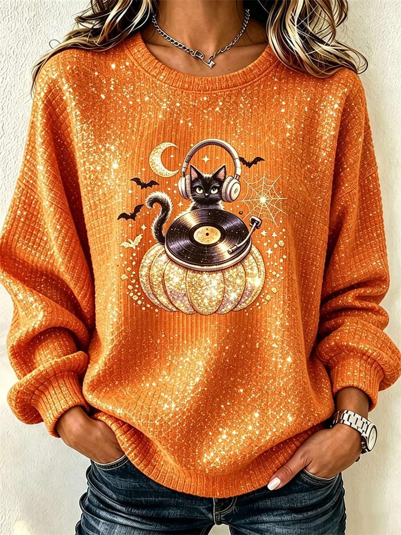 Women's Halloween Orange Cat Record Pumpkin Print Round Neck Long Sleeve Sweatshirt