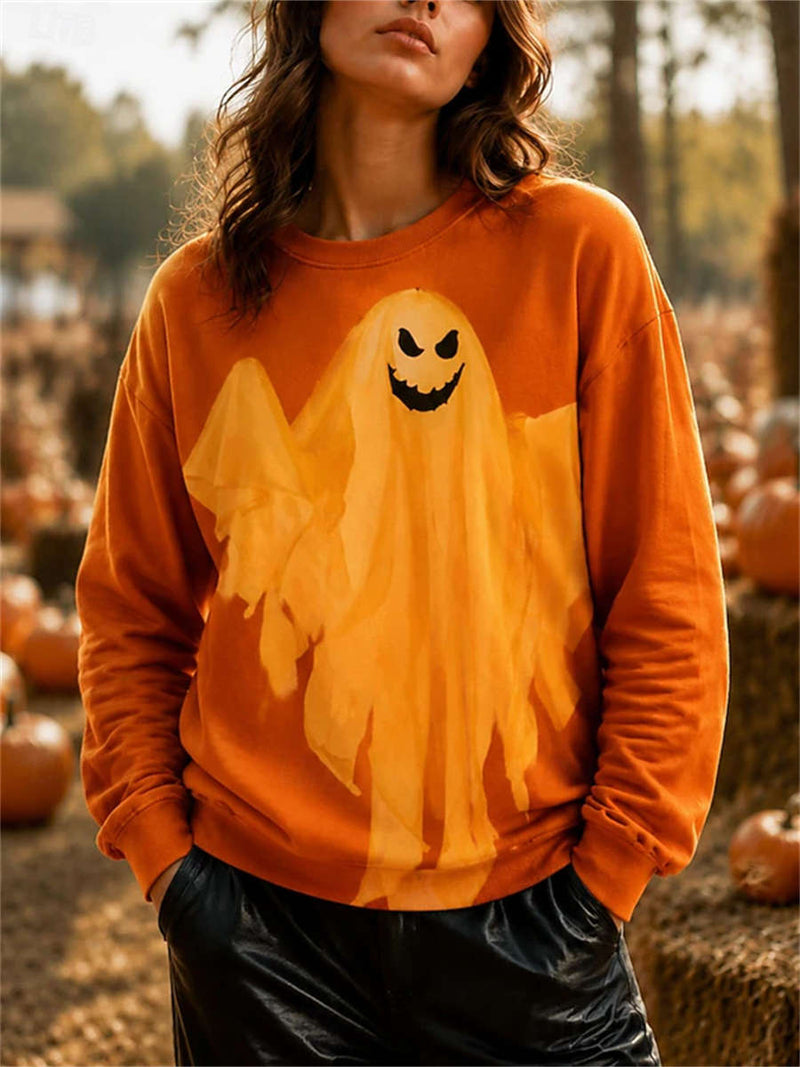 Women's Halloween Orange Ghost Print Round Neck Long Sleeve Sweatshirt