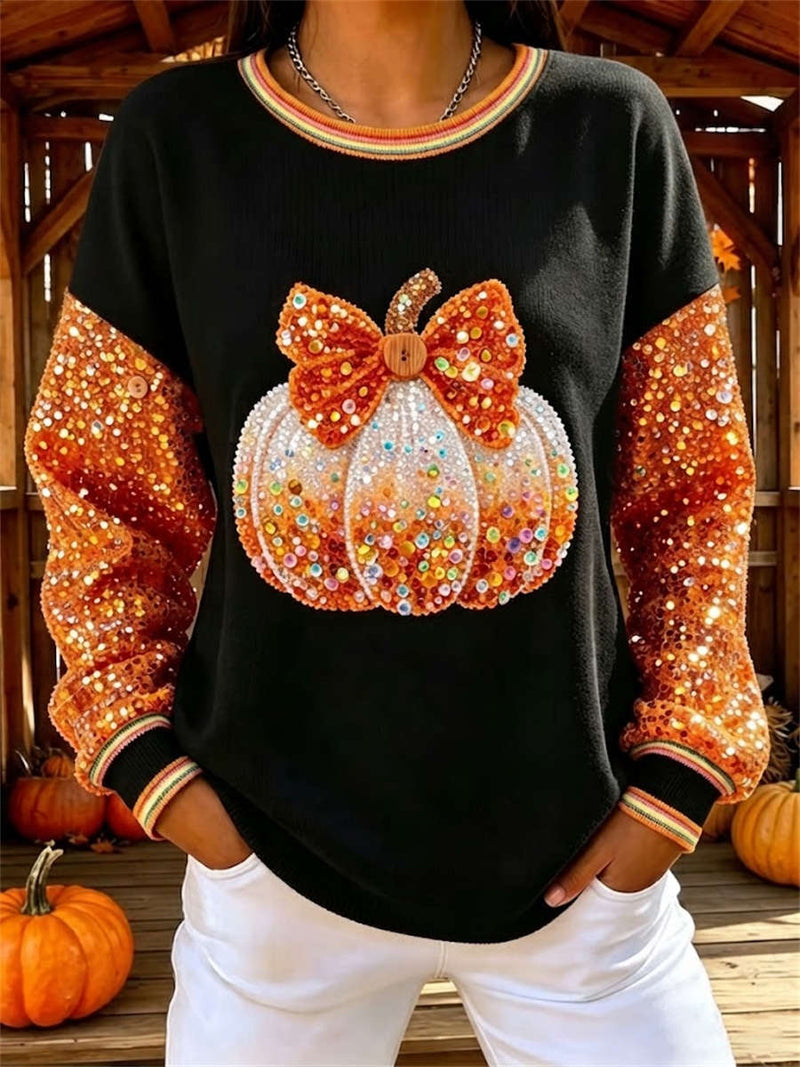 Women's Halloween Black Color‑Block Pumpkin Bow Print Round Neck Long Sleeve Sweatshirt