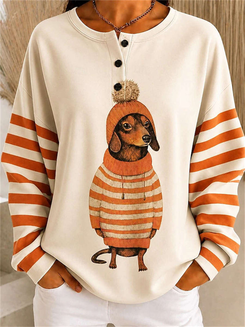Women's Apricot Funny Dog Stripe Print Henley Neck Long Sleeve Sweatshirt