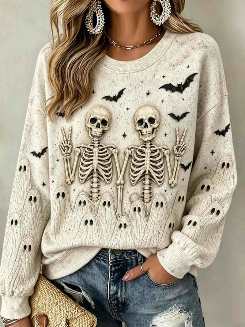 Women's Halloween Oatmeal White Skeleton Ghost Bat Print Round Neck Long Sleeve Sweatshirt