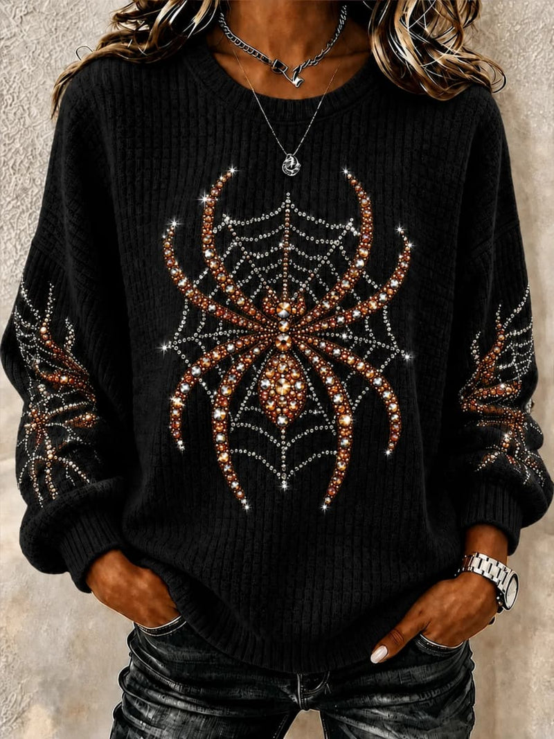 Women's Halloween Black Spider Print Round Neck Long Sleeve Sweatshirt
