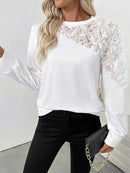 Women's White Rose Mesh Splicing Round Neck Long Sleeve Sweatshirt