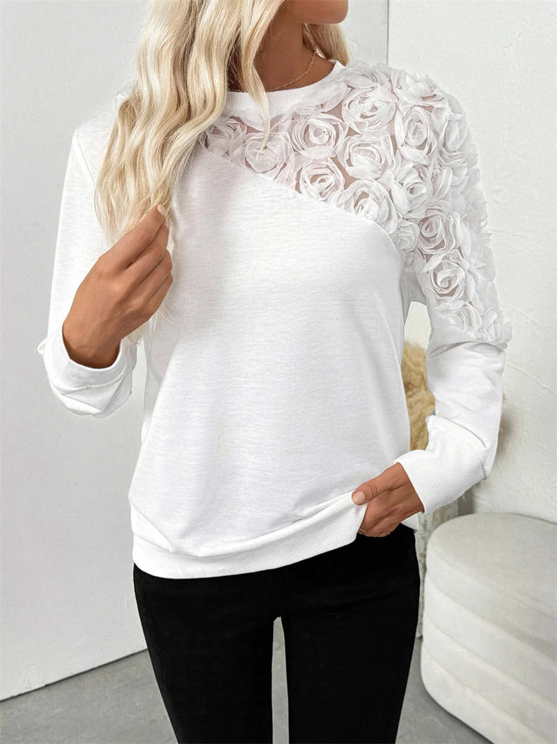 Women's White Rose Mesh Splicing Round Neck Long Sleeve Sweatshirt