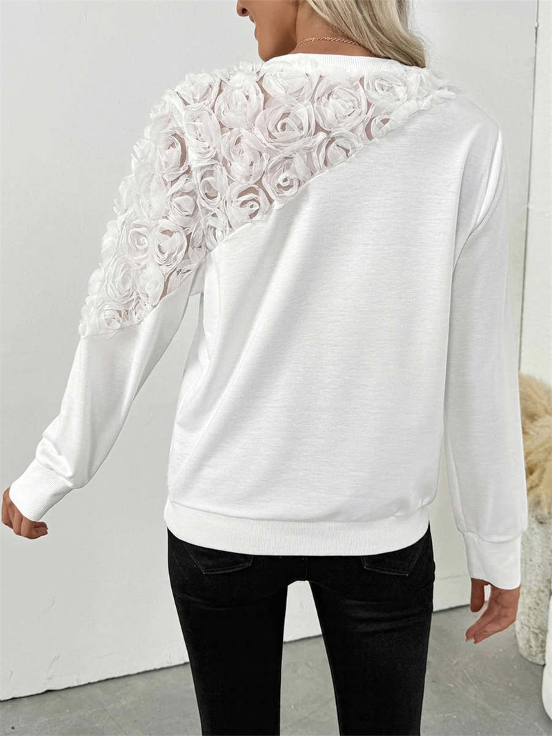 Women's White Rose Mesh Splicing Round Neck Long Sleeve Sweatshirt