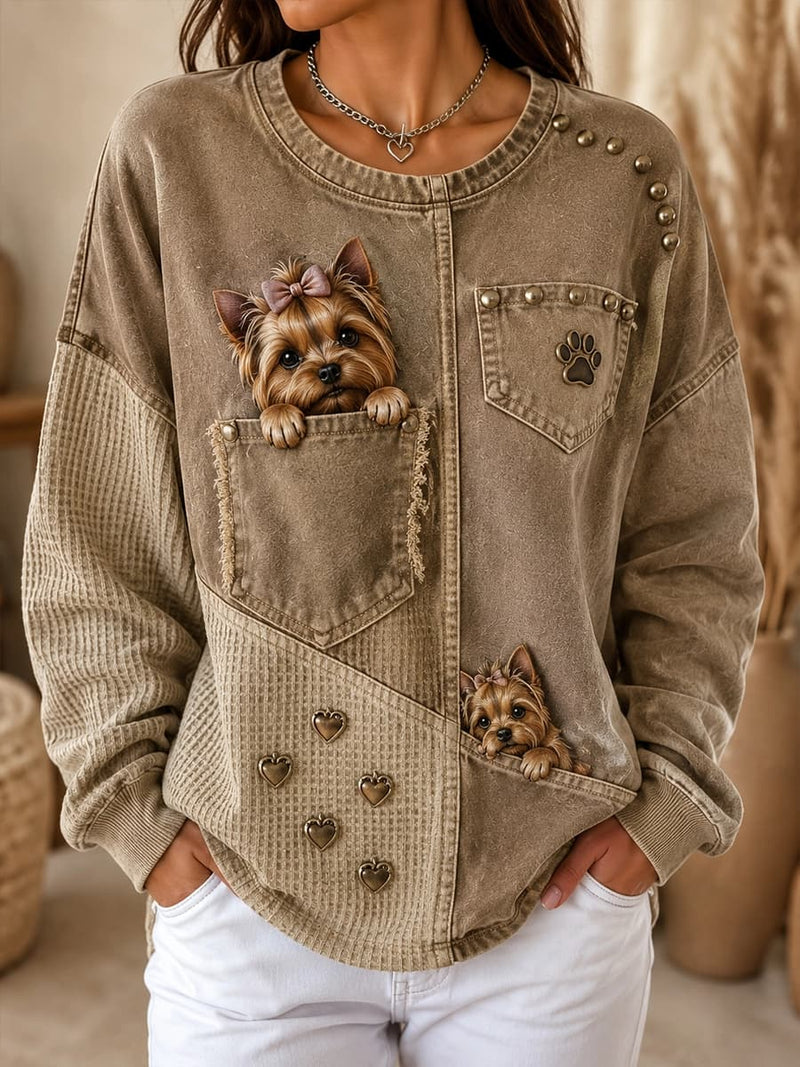 Women's Khaki Yorkshire Terrier Dog Paw Print Round Neck Long Sleeve Sweatshirt