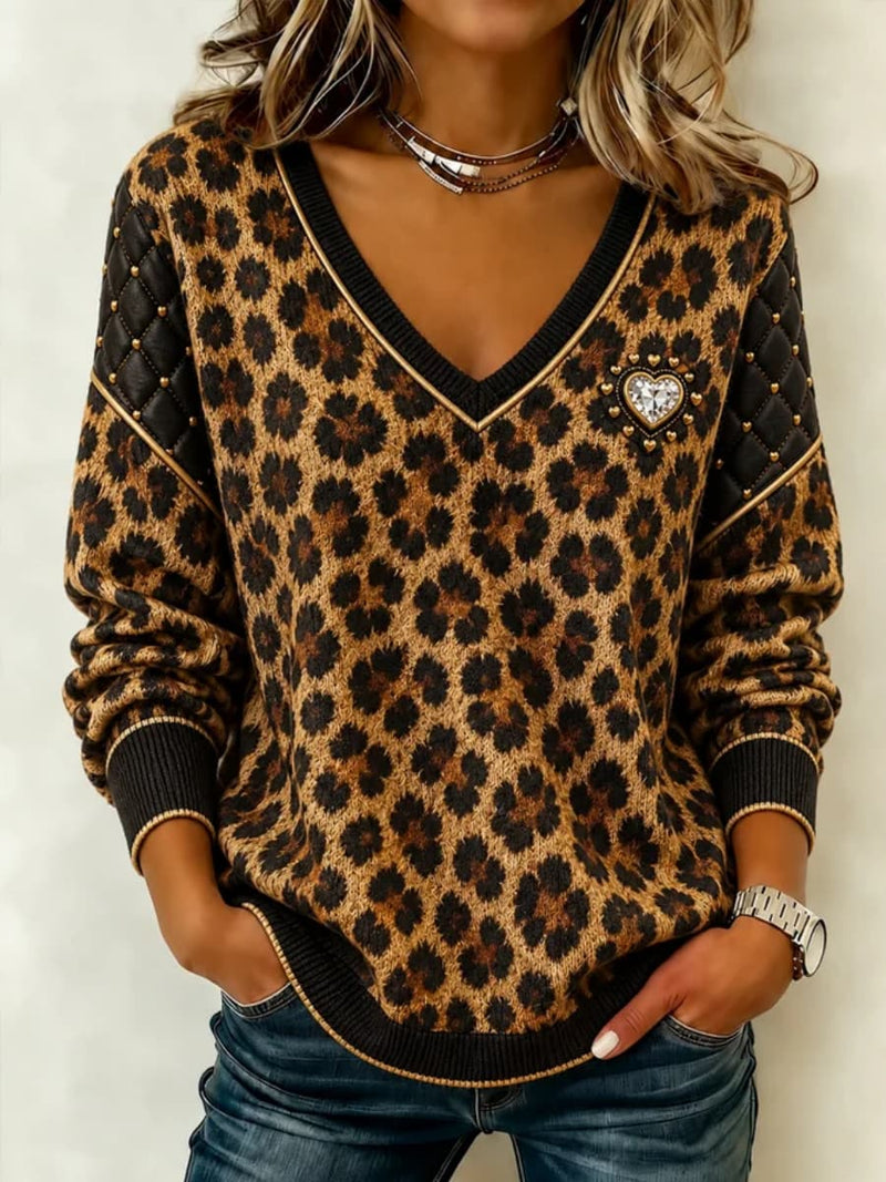 Women's Brown Leopard Floral Print V Neck Long Sleeve Sweatshirt