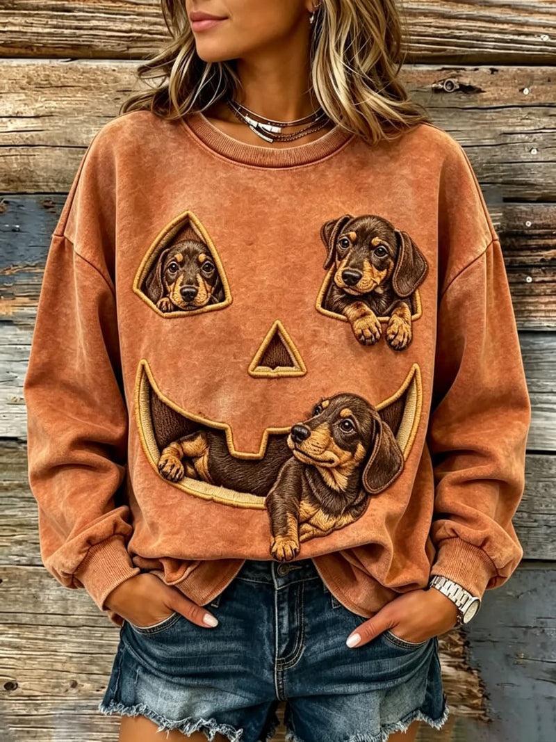 Women's Halloween Orange Dachshund Pumpkin Print Round Neck Long Sleeve Sweatshirt