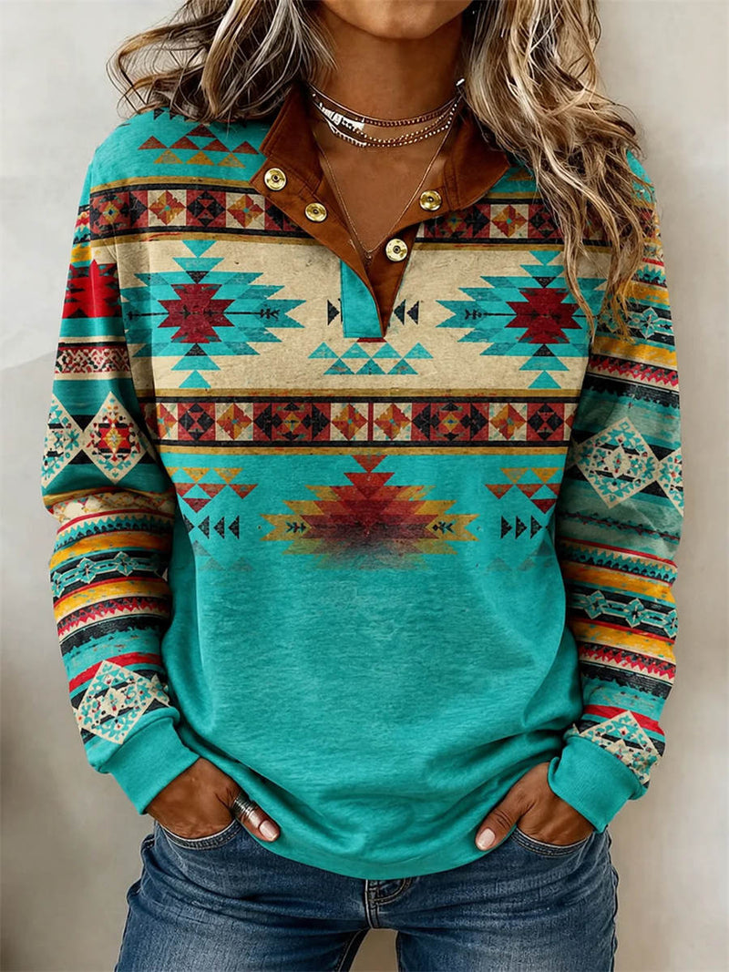 Women's Turquoise Ethnic Geometric Print Half Open Collar Long Sleeve Sweatshirt