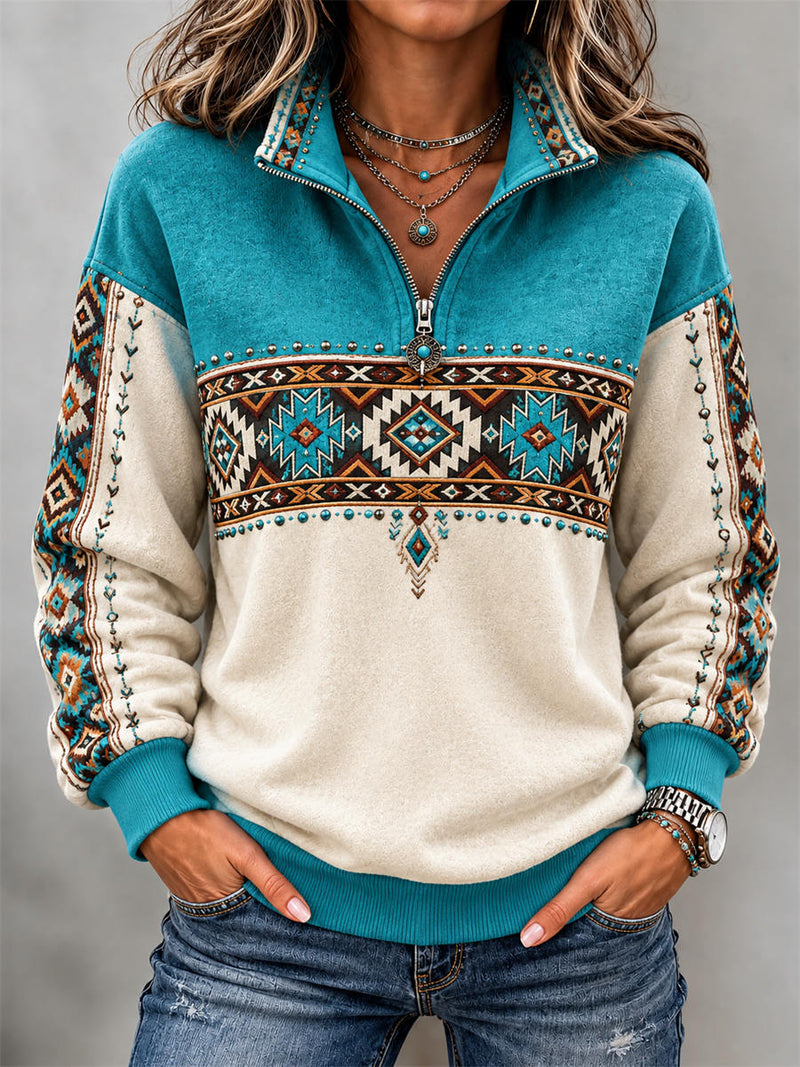 Women's Teal Beige Geometric Floral Print Half Zip Long Sleeve Sweatshirt