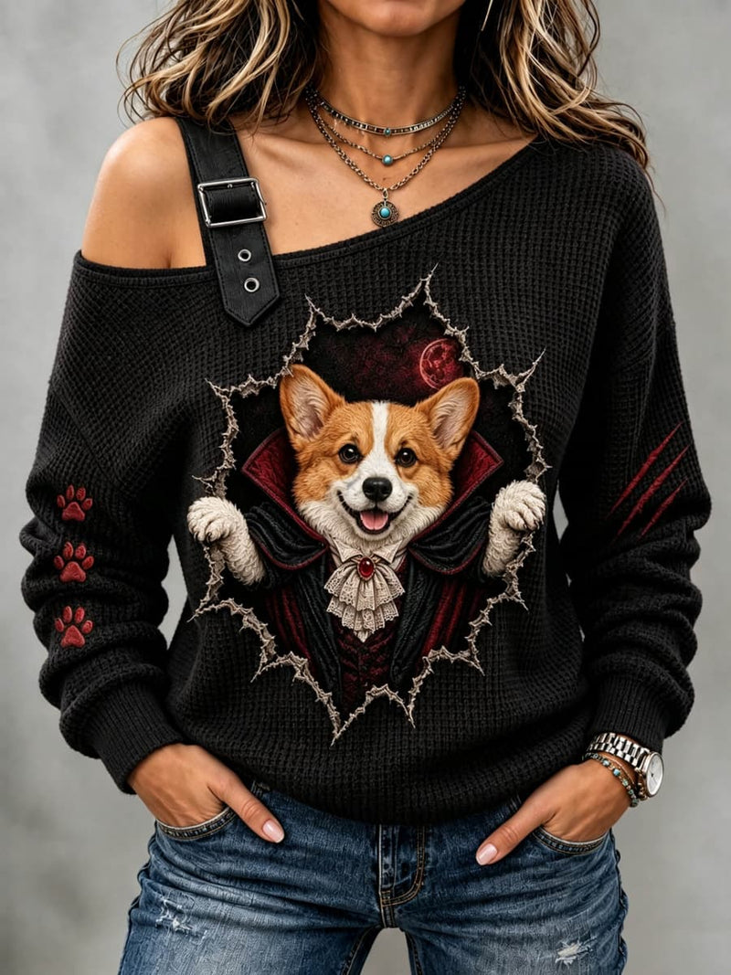 Women's Halloween Black Vampire Corgi Print Cold Shoulder Long Sleeve Sweatshirt