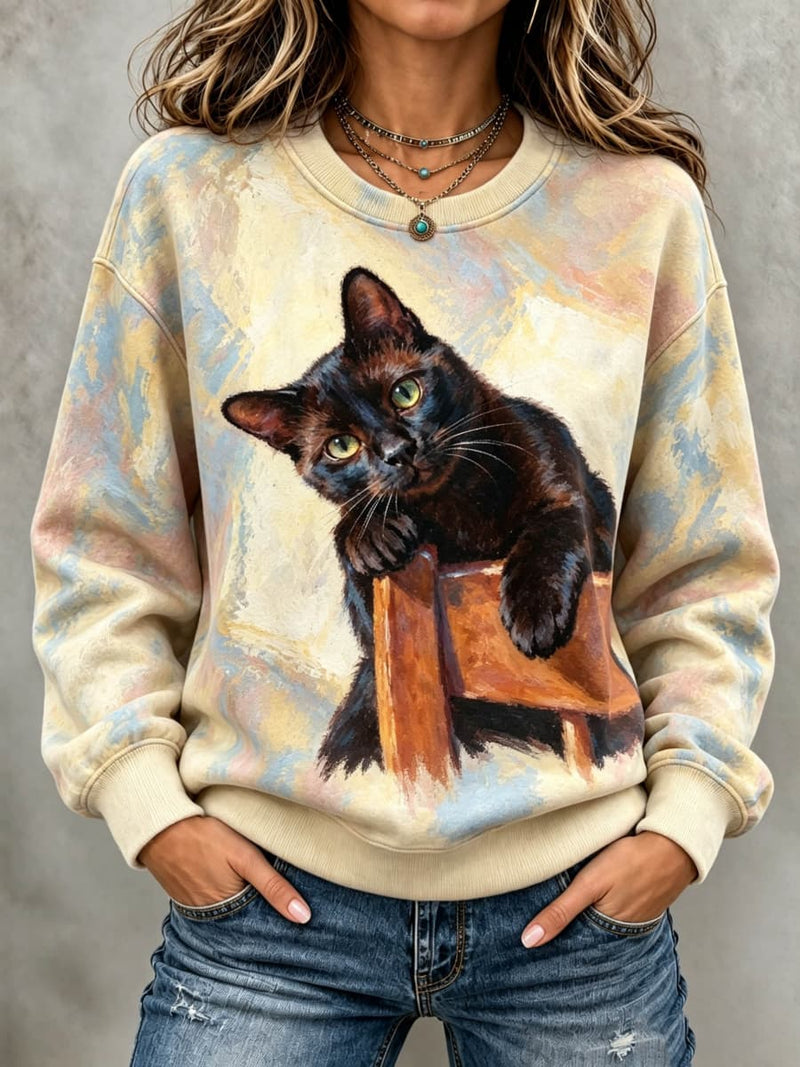 Women's Cream Oil Painting Black Cat Print Round Neck Long Sleeve Sweatshirt