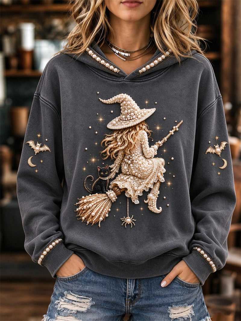 Women's Halloween Dark Grey Witch Black Cat Spider Print Hooded Long Sleeve Hoodie
