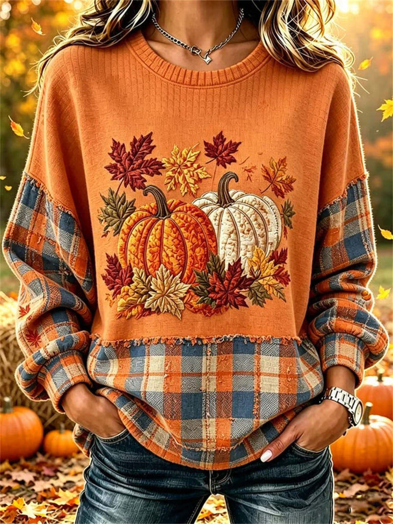 Women's Halloween Orange Pumpkin Maple Leaf Print Patchwork Crew Neck Long Sleeve Sweatshirt