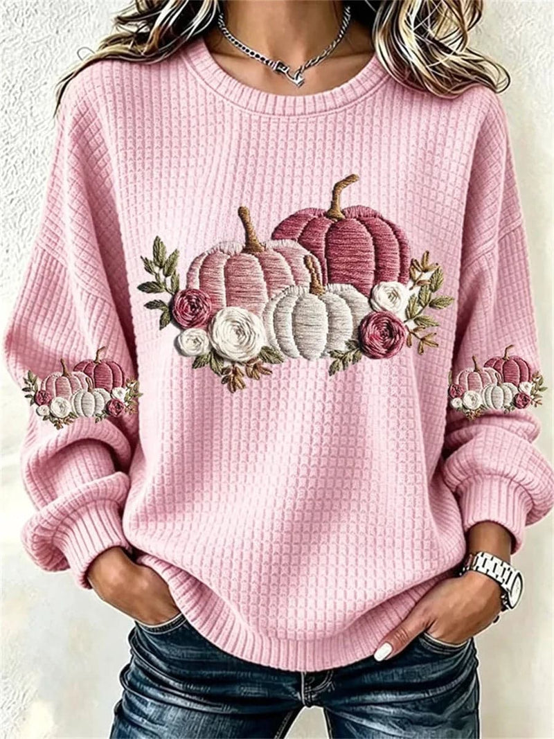 Women's Halloween Pink Pumpkin Floral Print Crew Neck Long Sleeve Sweatshirt