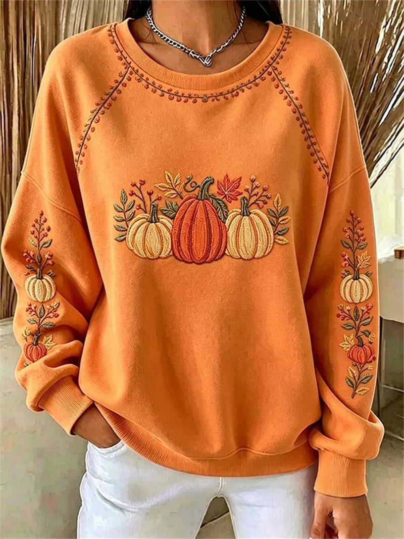 Women's Halloween Orange Pumpkin Maple Leaf Print Crew Neck Long Sleeve Sweatshirt