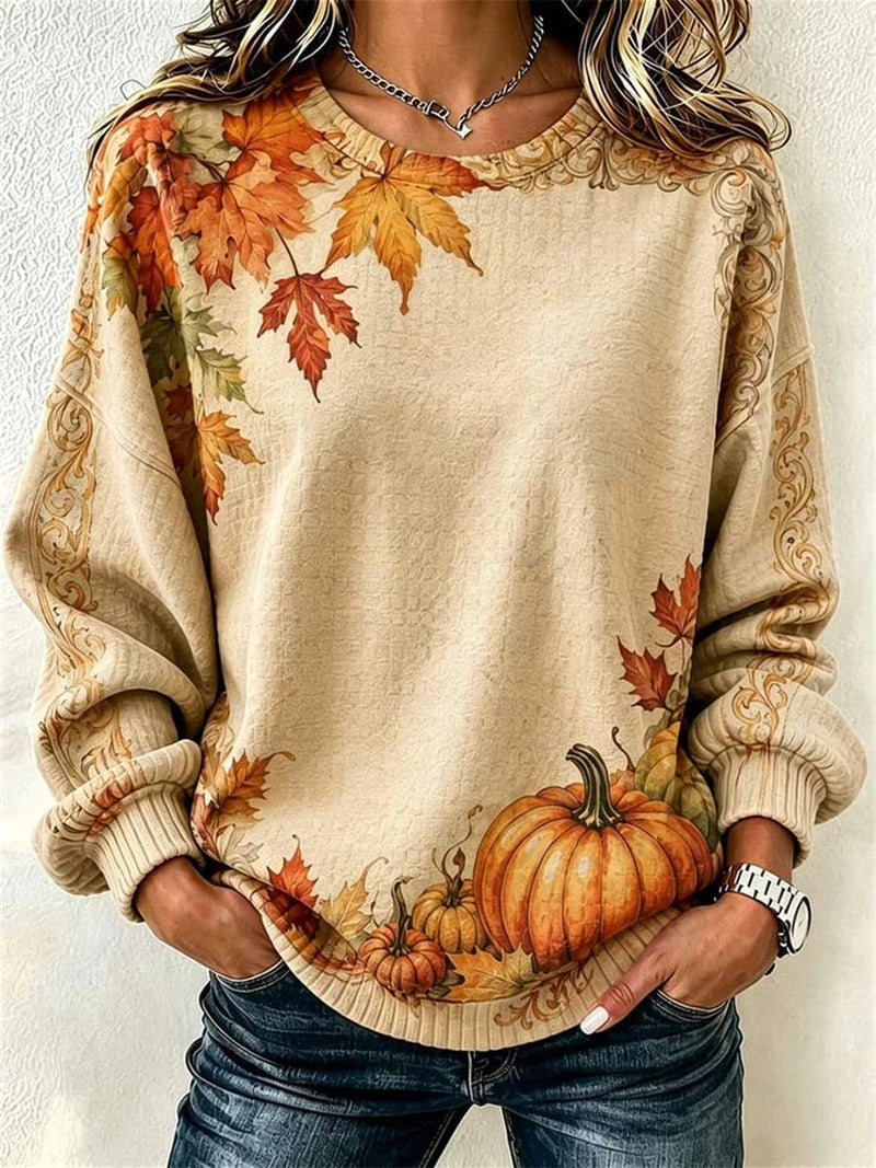 Women's Halloween Khaki Pumpkin Maple Leaf Print Crew Neck Long Sleeve Sweatshirt