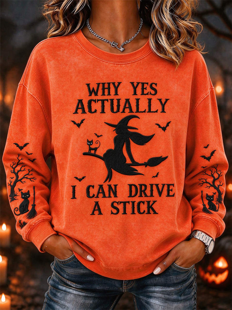 Women's Halloween Orange Witch Black Cat Bat Letter Print Round Neck Long Sleeve Sweatshirt