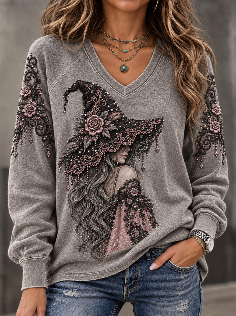 Women's Halloween Grey Witch Floral Print V Neck Long Sleeve Sweatshirt