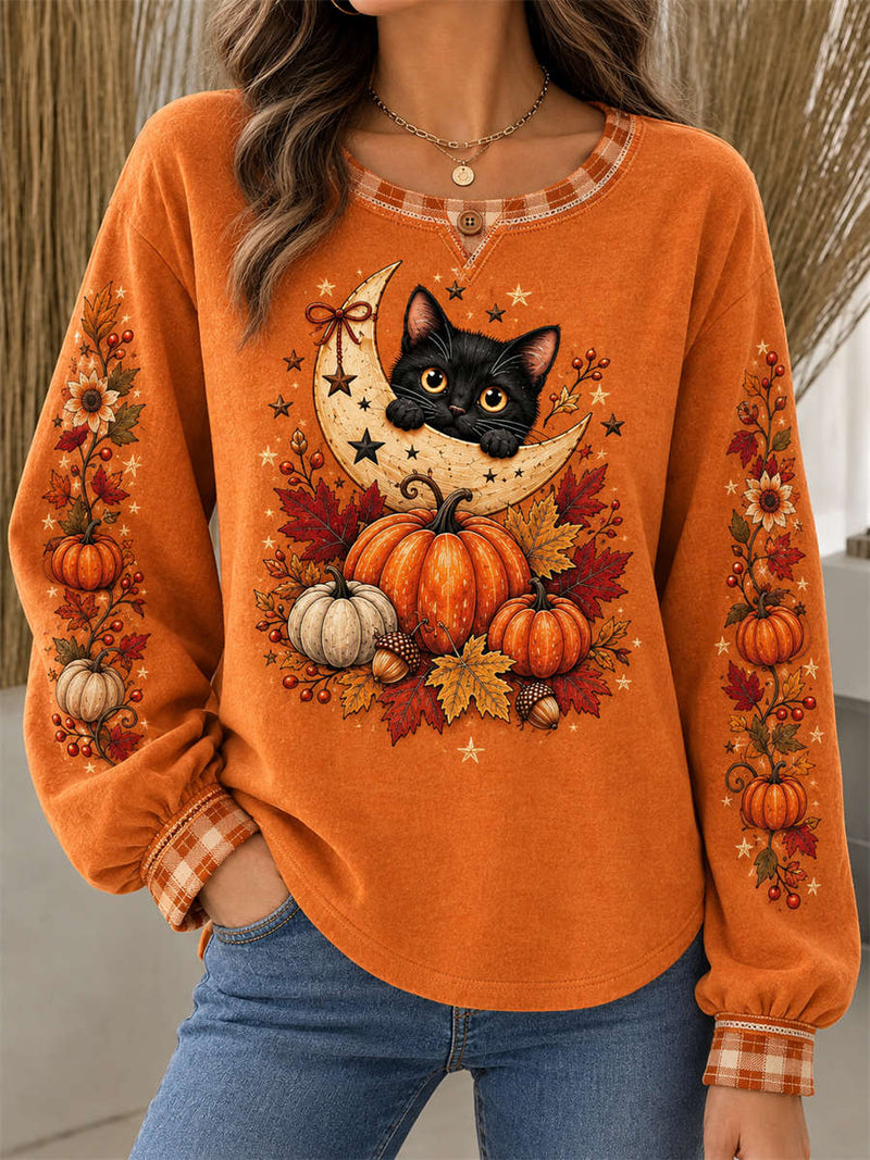 Women's Halloween Orange Black Cat Moon Pumpkin Maple Leaf Print Round Neck Long Sleeve Sweatshirt