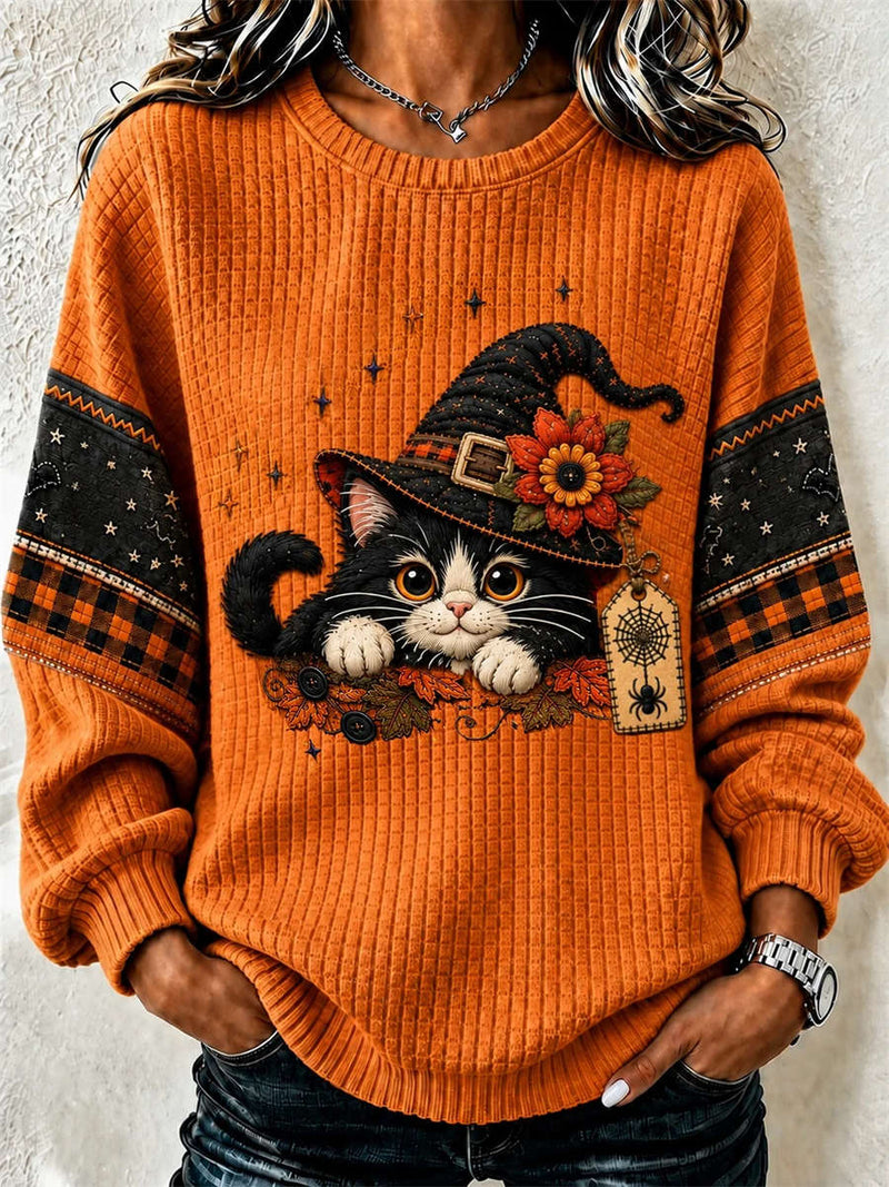 Women's Halloween Orange Witch Cat Plaid Patchwork Print Round Neck Long Sleeve Sweatshirt