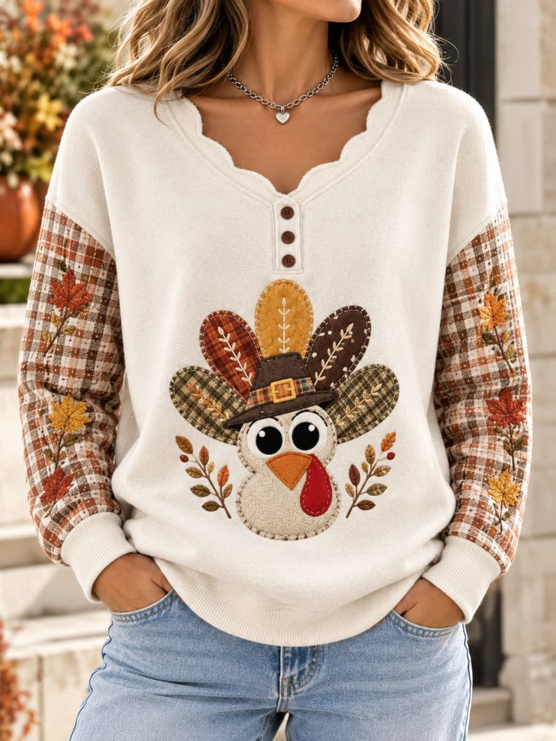 Women's Thanksgiving Cream Turkey Maple Leaf Plaid Print Scalloped V Neck Long Sleeve Sweatshirt