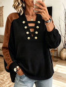 Women's Black Brown Color Block Button Decor V Neck Long Sleeve Sweatshirt