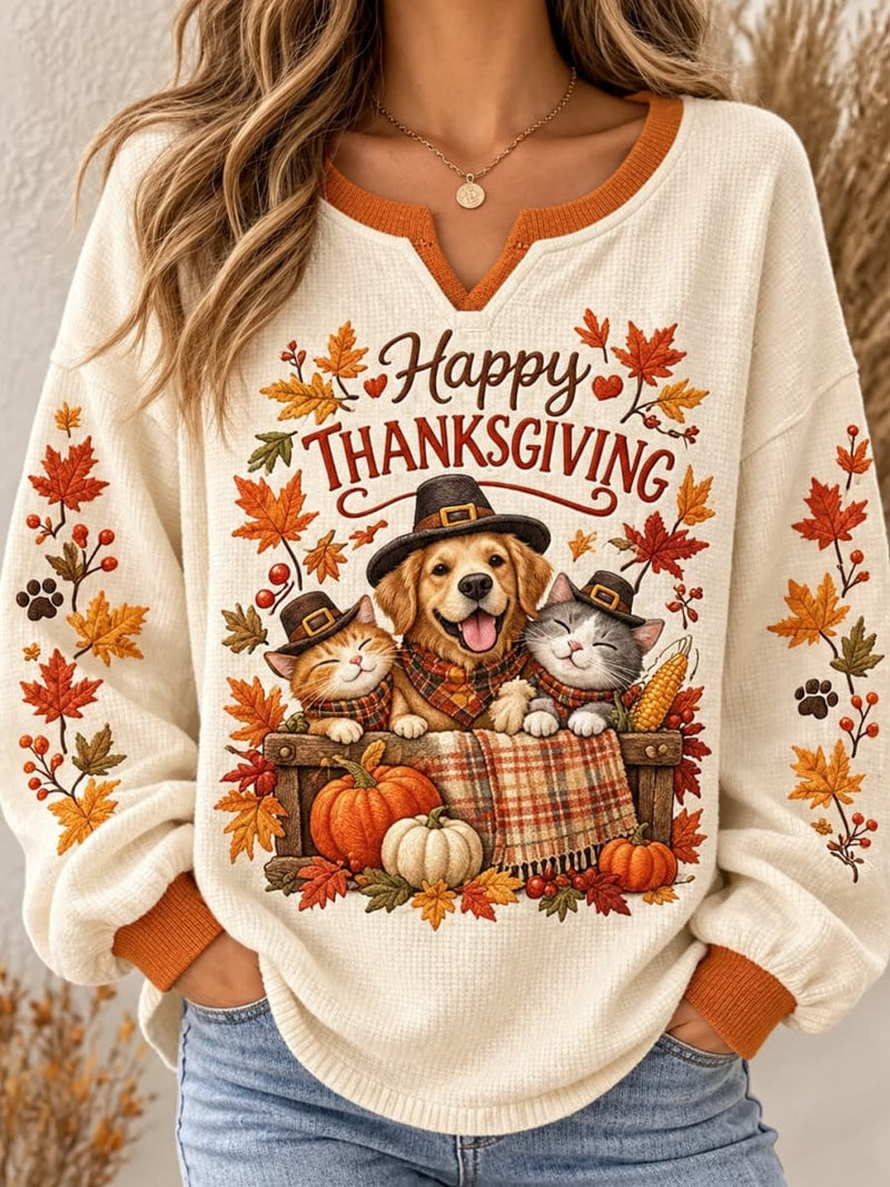 Women's Thanksgiving Off White Cat Dog Maple Leaf Print Notch V Neck Long Sleeve Sweatshirt