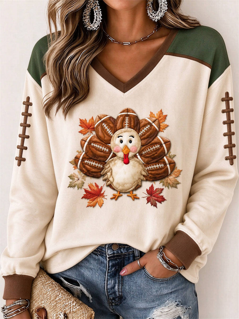 Women's Thanksgiving Cream Color Block Turkey Football Print V Neck Long Sleeve Sweatshirt