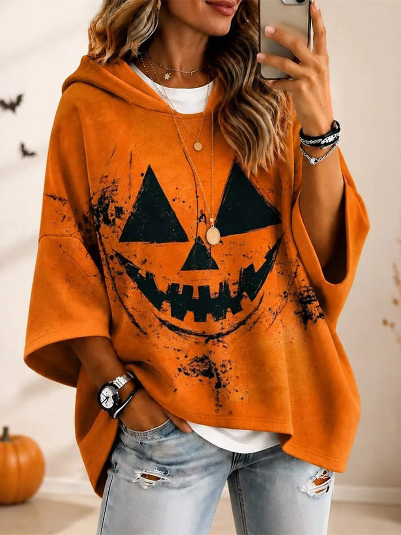 Women's Halloween Orange Pumpkin Face Print 3/4 Sleeve Hoodie