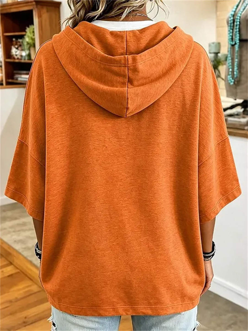 Women's Halloween Orange Pumpkin Face Print 3/4 Sleeve Hoodie