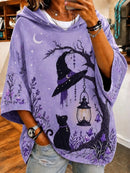 Women's Halloween Purple Witch Hat Black Cat Print 3/4 Sleeve Hoodie
