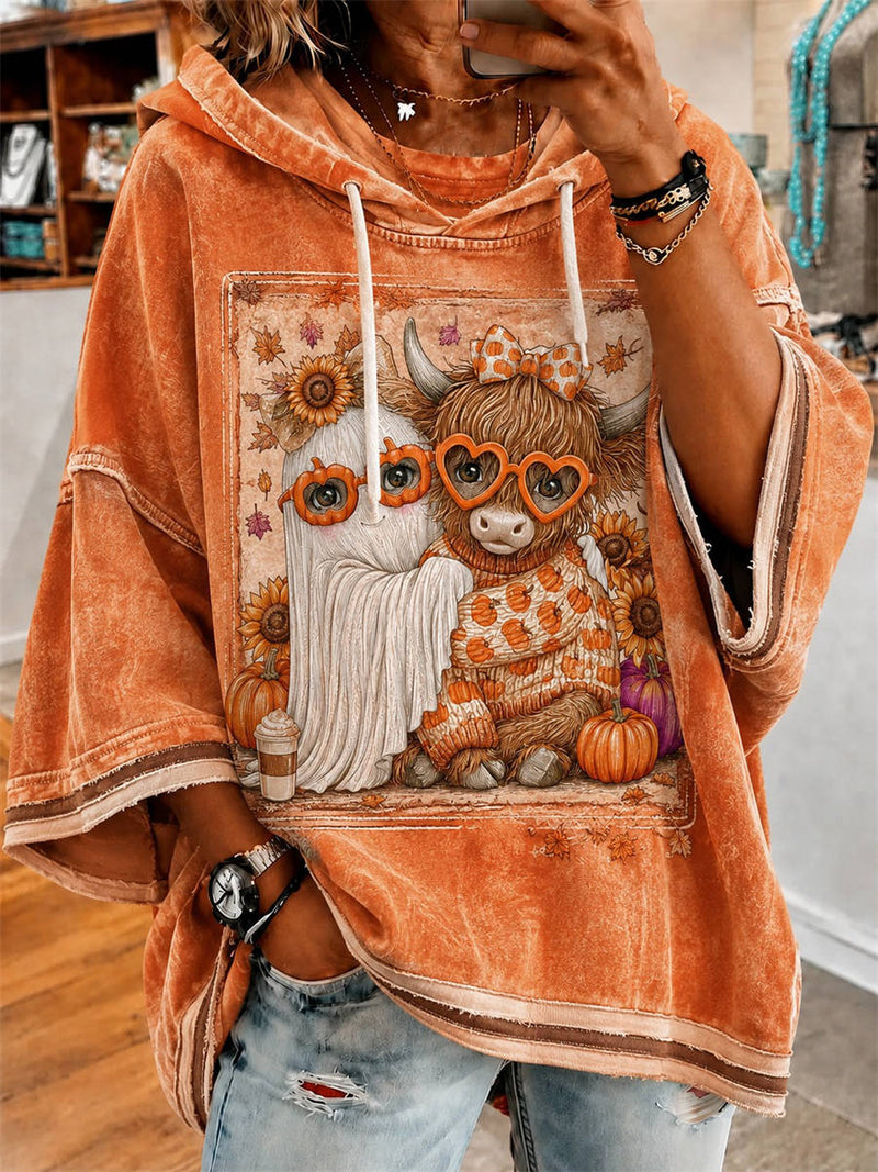 Women's Halloween Orange Highland Cow Ghost Print Hooded 3/4 Sleeve Hoodie