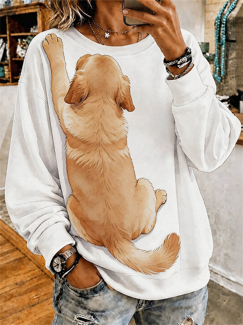 Women's White Golden Retriever Dog Print Round Neck Long Sleeve Sweatshirt