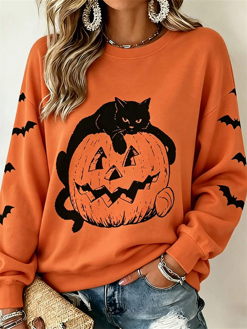 Women's Halloween Orange Black Cat Pumpkin Print Round Neck Long Sleeve Sweatshirt