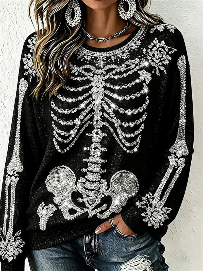 Women's Halloween Black Skeleton Floral Print Round Neck Long Sleeve Sweatshirt