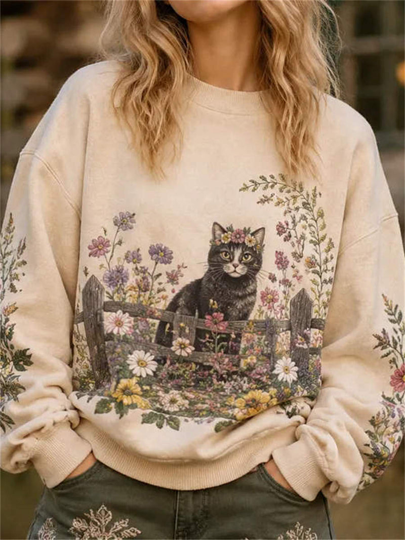 Women's Beige Cat Floral Fence Print Round Neck Sweatshirt