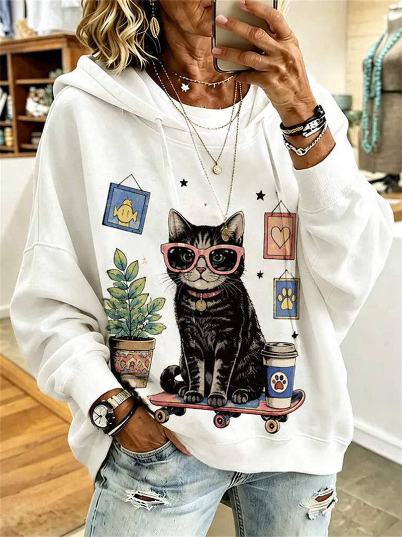 Women's White Skateboard Cat Print Long Sleeve Hoodie