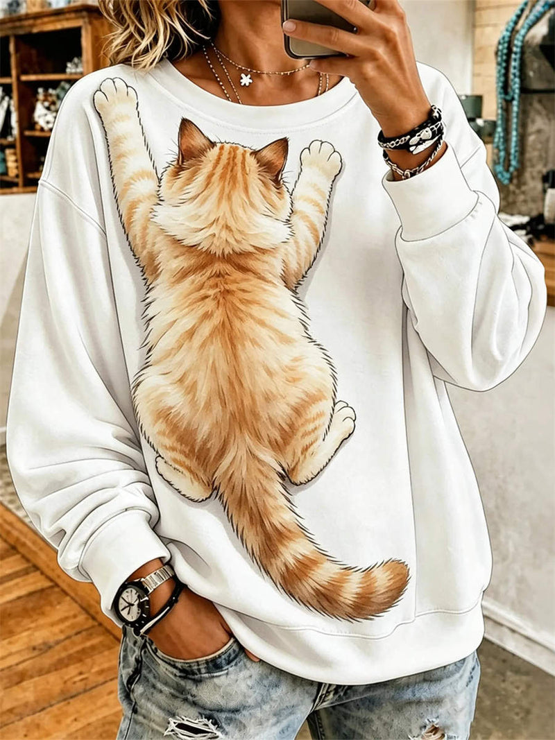 Women's White Back Orange Cat Print Round Neck Sweatshirt